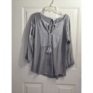 Lucky Brand Women’s Gray Long Sleeve Top with Embroidered Sleeves – Minor Flaw